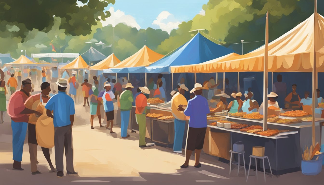 Colorful food vendors line the festival grounds, offering a variety of Southern cuisine. The aroma of sizzling barbecue and spicy gumbo fills the air as live jazz and blues music plays in the background