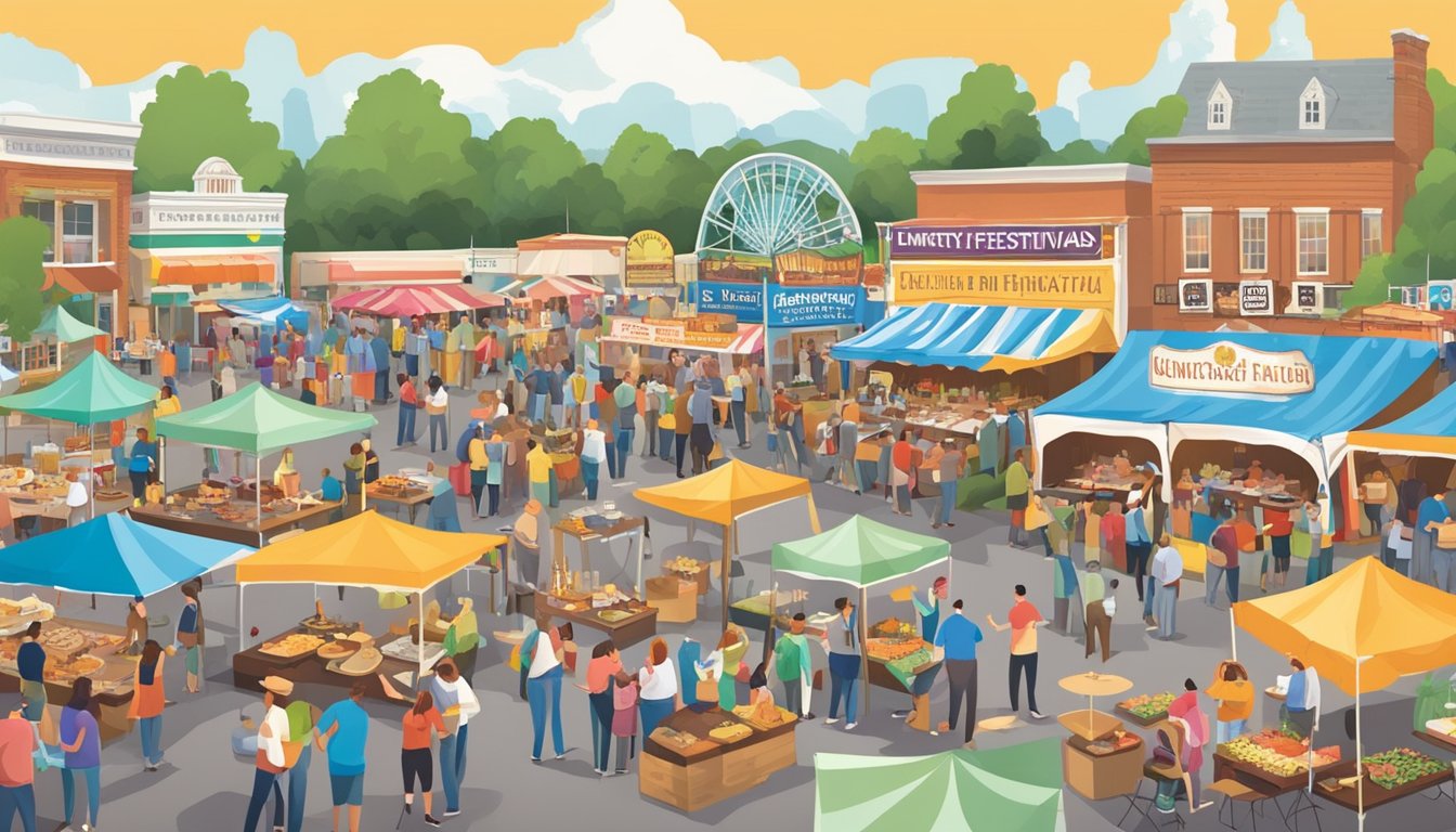 A bustling Kentucky food festival with diverse culinary traditions and influences, featuring vibrant stalls and lively entertainment