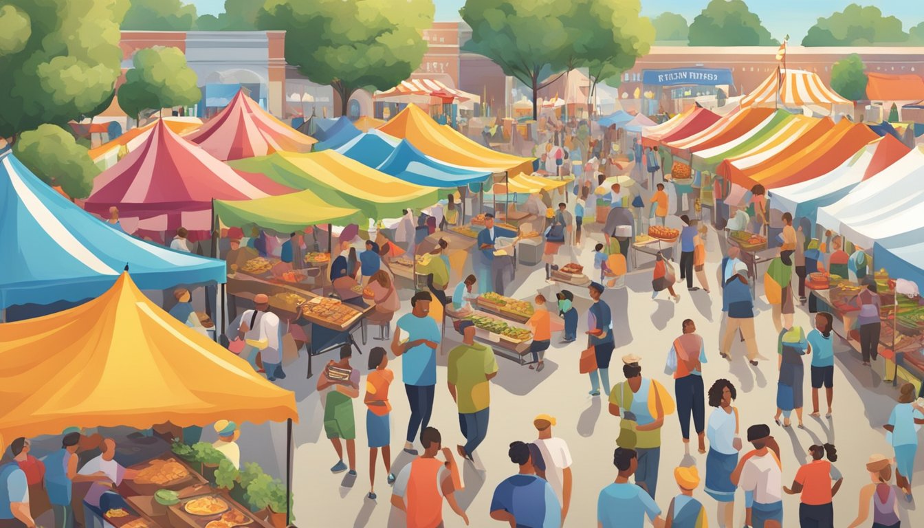 A bustling food festival in Kentucky, with colorful tents, food vendors, and lively music, showcasing the cultural significance of local cuisine