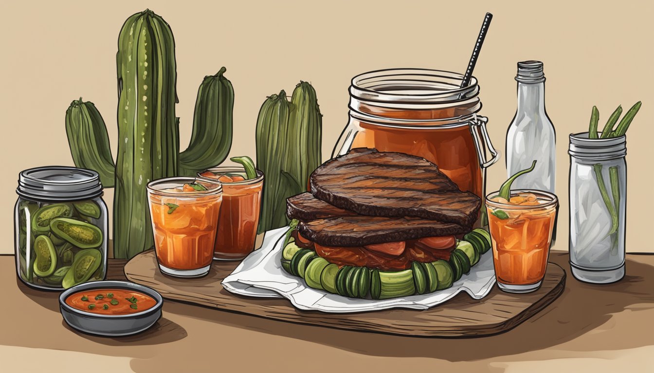 A rustic Texas BBQ setting with a smoky Bloody Mary served in a mason jar, garnished with a charred jalapeno, brisket, and pickled okra