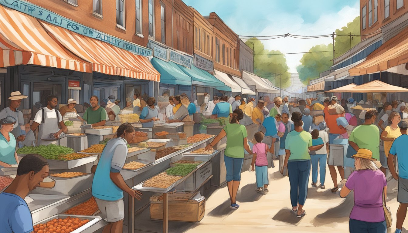 A bustling alley filled with food stalls and colorful banners, as people sample and enjoy the best of Mississippi's food festivals. A large sign reads "Catfish in the Alley."