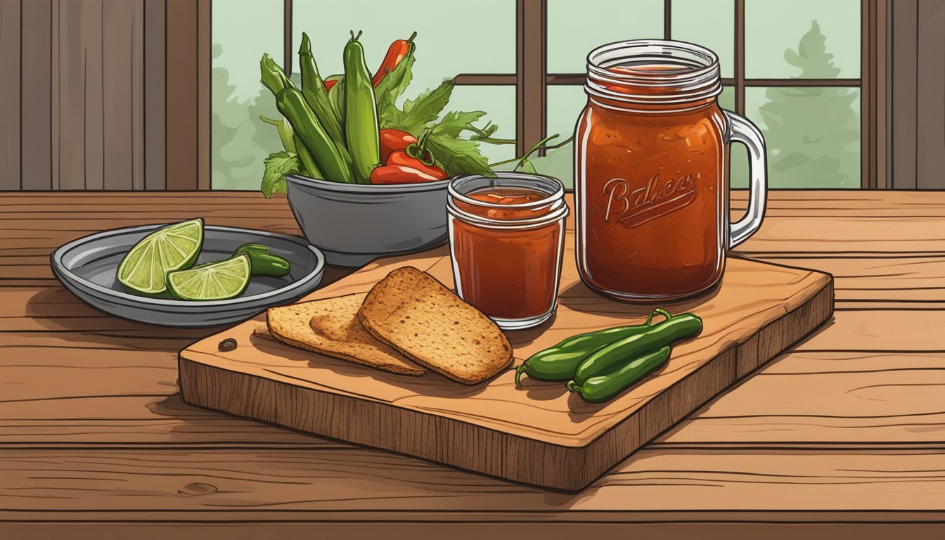 A rustic wooden table with a mason jar filled with a smoky, spicy bloody mary, surrounded by ingredients like barbecue sauce, smoked paprika, and pickled jalapenos