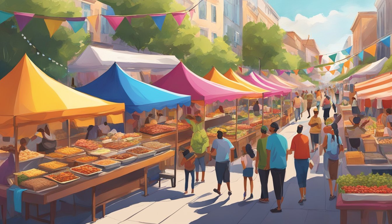 Vibrant tents line the streets, offering a variety of delectable foods. The air is filled with the aroma of sizzling meats, fresh produce, and sweet treats. The festival is bustling with excited attendees