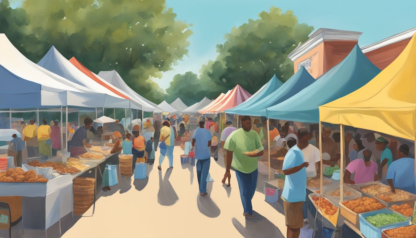 Colorful tents line the street, filled with vendors selling fried catfish, hushpuppies, and other southern delicacies. People gather to enjoy live music and sample the best food Mississippi has to offer