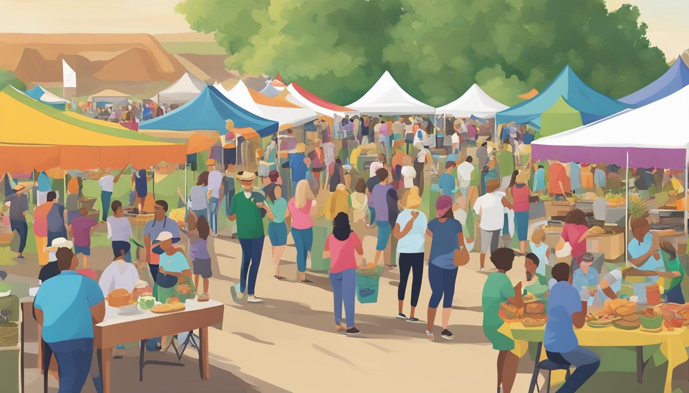 Crowds gather under colorful tents, sampling a variety of culinary delights at the Walnut Valley Festival Taste of Winfield. A lively atmosphere fills the air as vendors showcase the best food festivals in Kansas