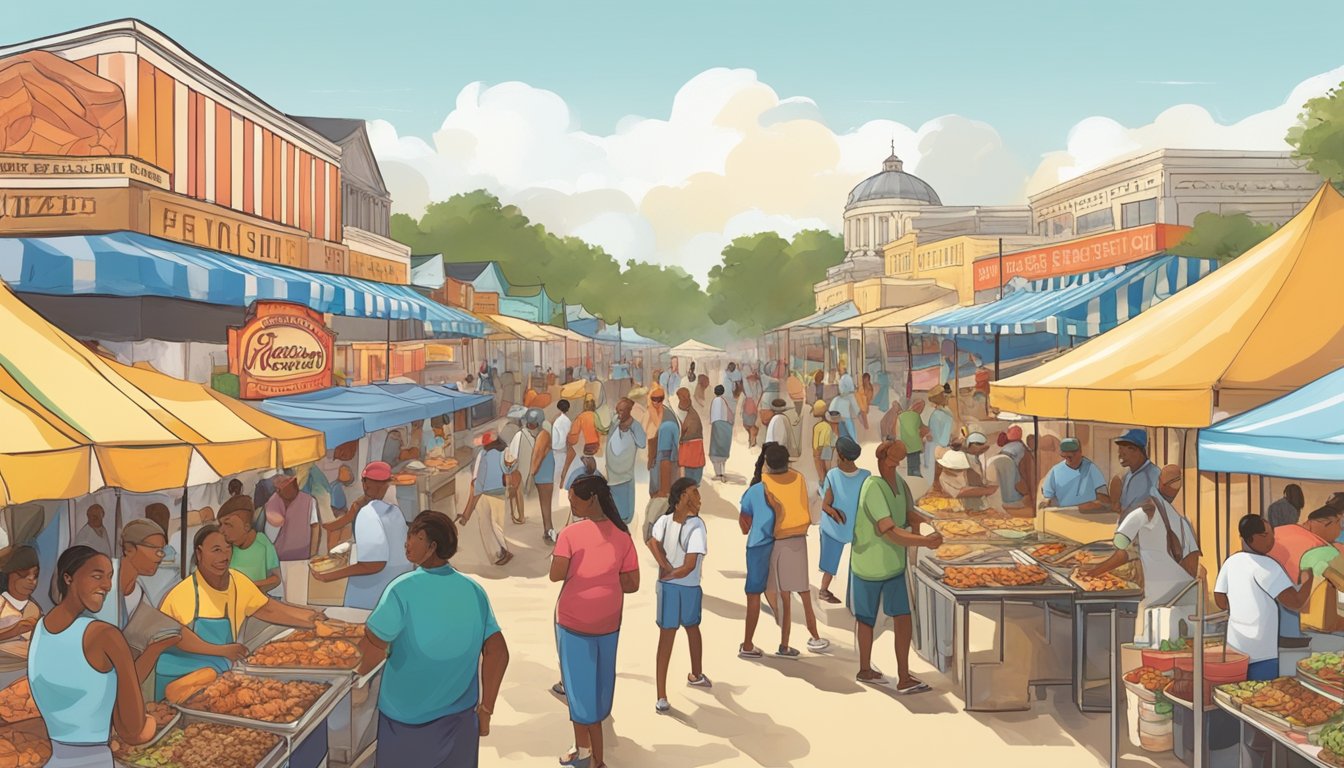 Colorful food vendors line the bustling festival grounds, offering a variety of mouthwatering dishes. The aroma of sizzling barbecue and fresh seafood fills the air as festival-goers sample the best of Mississippi cuisine