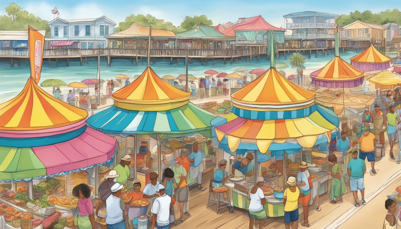 Colorful food stalls line the Gulf Coast boardwalk, offering a variety of dishes. The aroma of sizzling seafood and sweet treats fills the air as people gather to sample the best of Mississippi cuisine