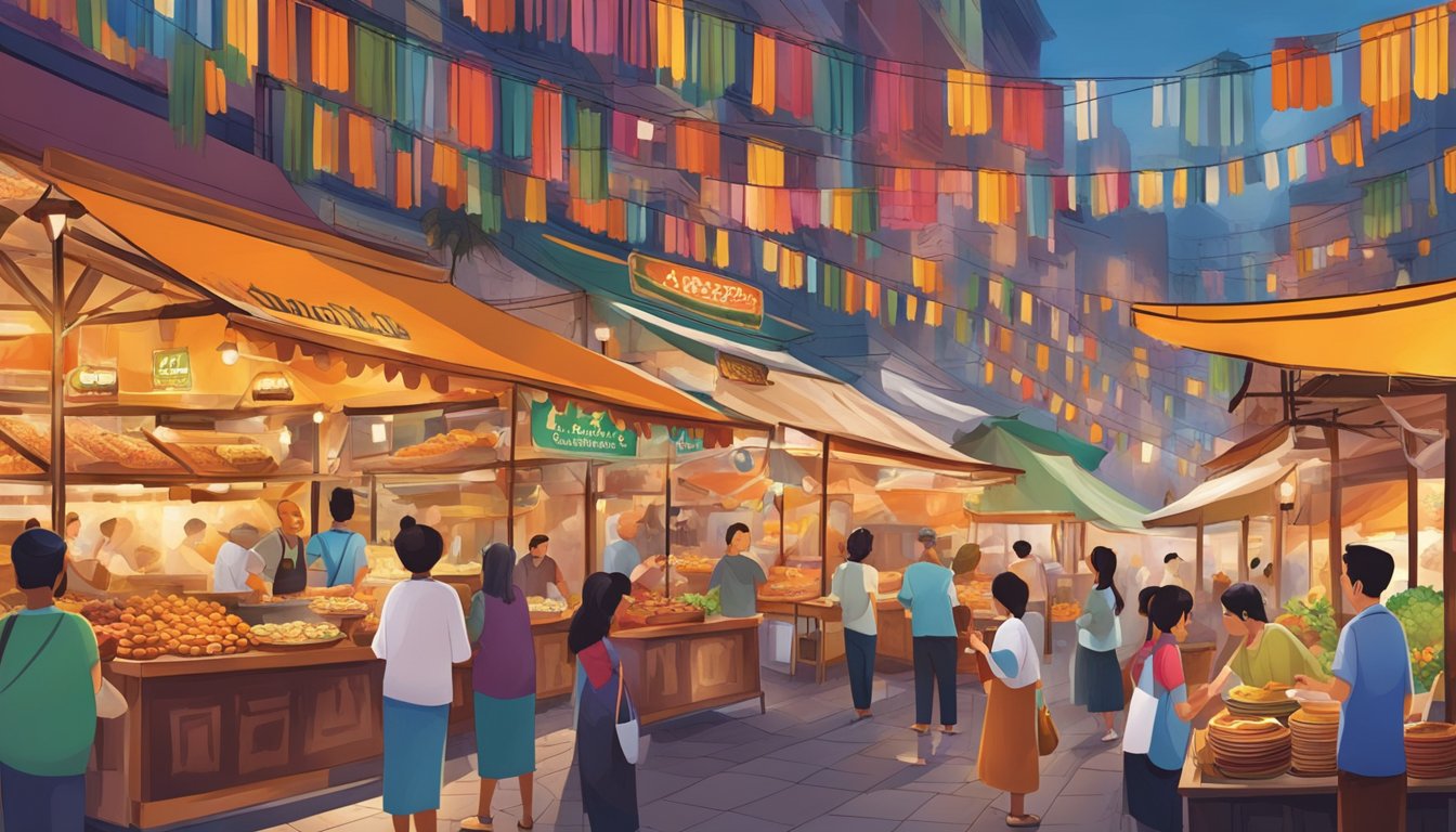 A vibrant array of food stalls line the bustling streets, offering a diverse selection of culinary delights from around the world. The aroma of sizzling spices fills the air as visitors sample an array of mouth-watering dishes