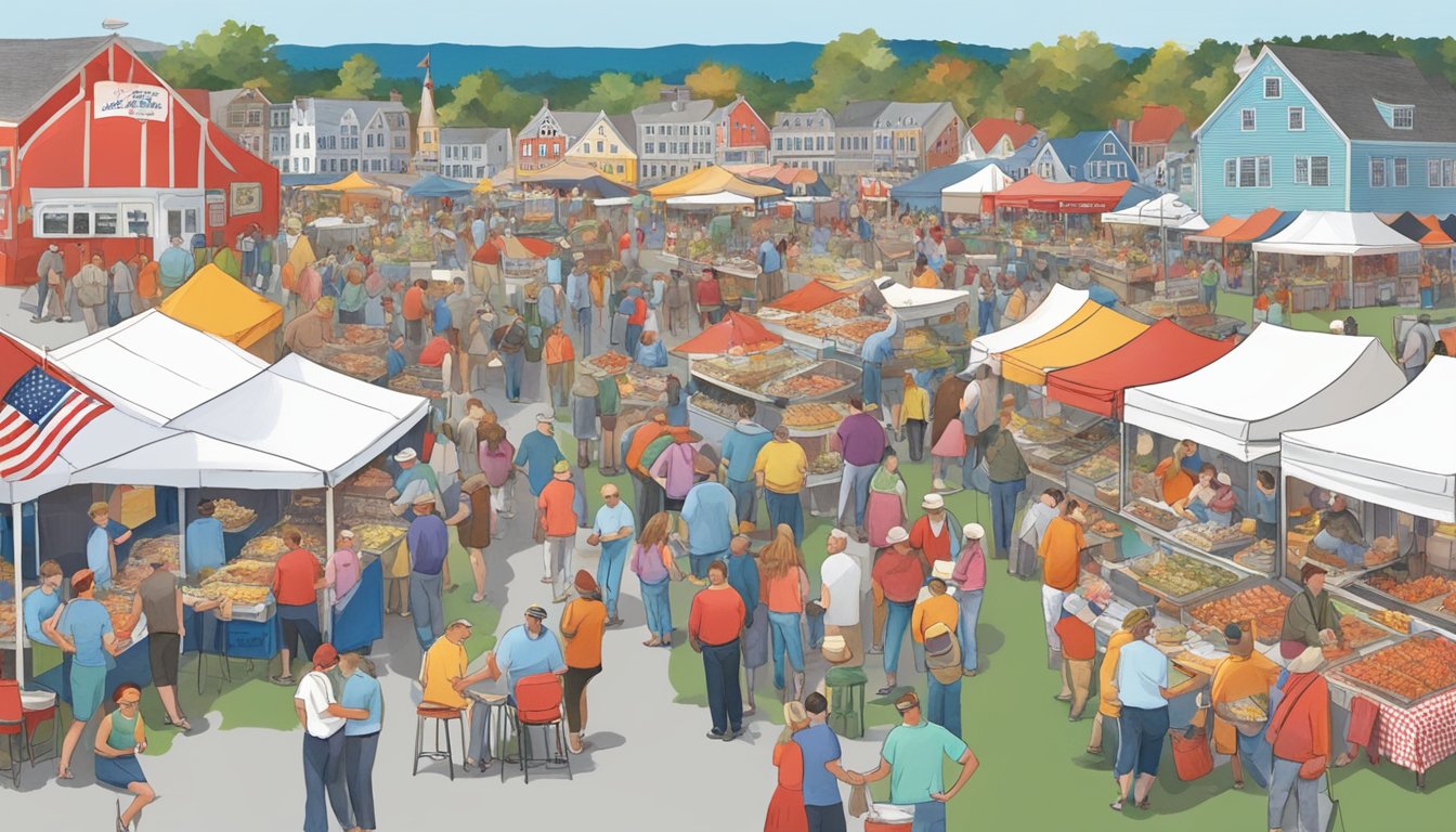 A bustling scene at the Maine Lobster Festival, with colorful food stalls and crowds of people enjoying the best of Maine's seafood cuisine