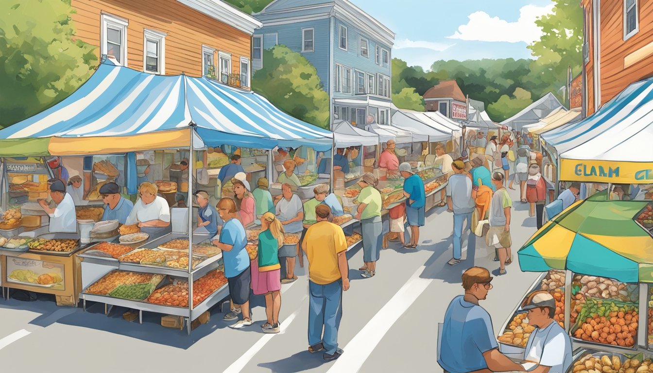 Colorful food stalls line the bustling streets of the Yarmouth Clam Festival, offering a variety of delicious seafood dishes and local treats