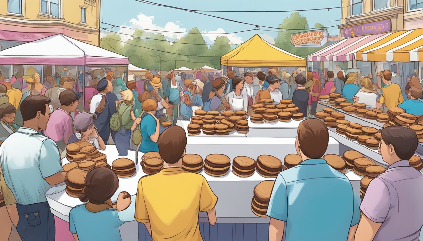 Crowds gather around colorful booths, sampling and indulging in an array of oversized whoopie pies. The air is filled with laughter and the sweet aroma of chocolate and cream