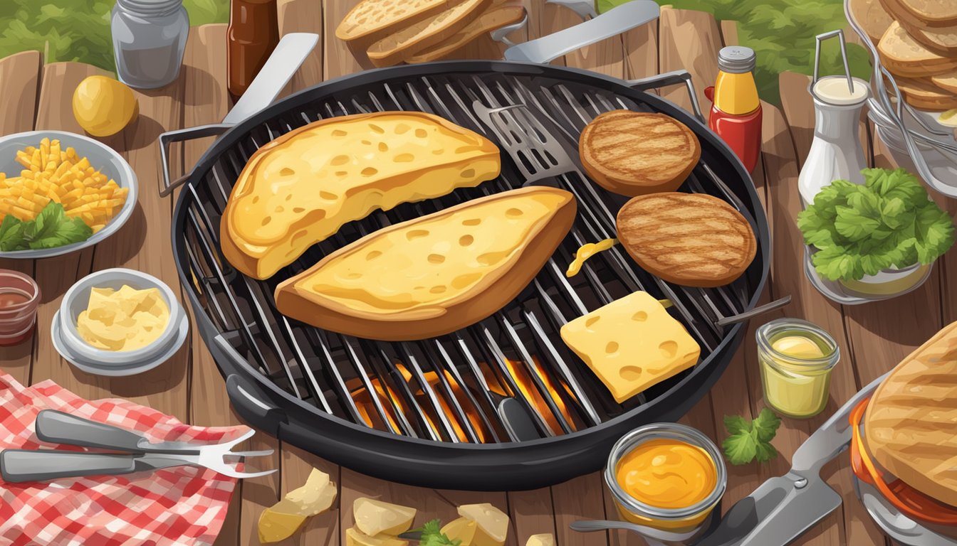 A grill with sizzling buttered bread and melting cheese, surrounded by BBQ tools and condiments on a picnic table