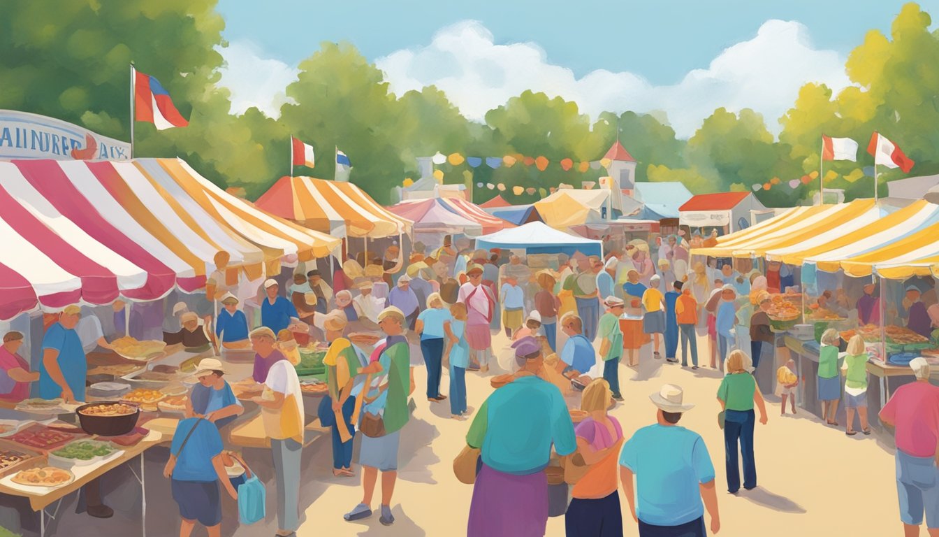 Crowds gather around colorful food stalls at Czech Days in Wilber, Nebraska. The aroma of traditional Czech dishes fills the air as people enjoy the lively festival atmosphere