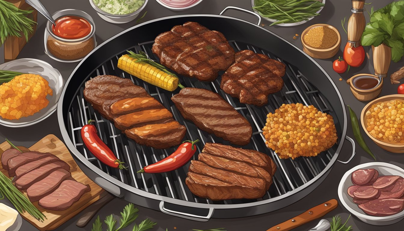 A grill sizzling with various exotic meats, surrounded by Texas BBQ seasonings and utensils, with a focus on cleanliness and organization