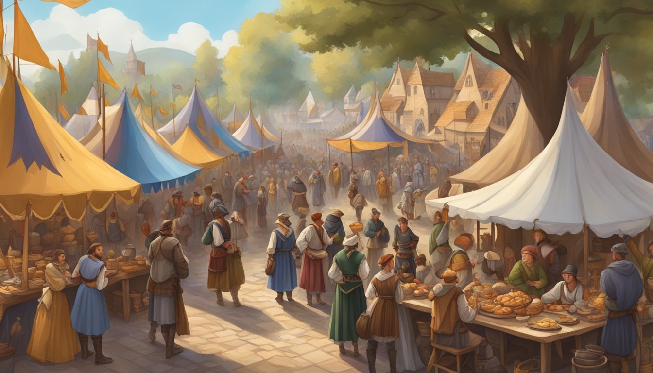 A bustling Renaissance festival with colorful tents, people in period costumes, and a variety of food stalls serving turkey legs, mead, and other medieval fare