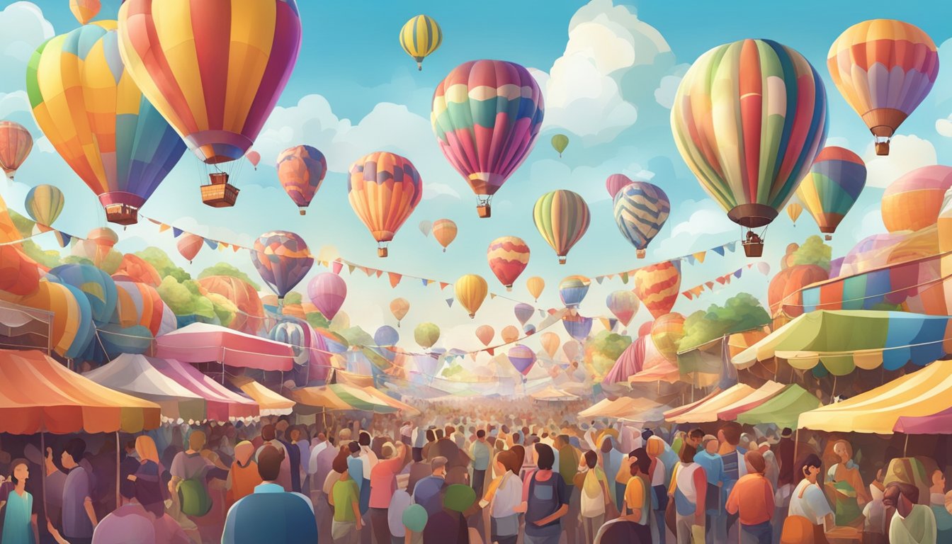 Colorful hot air balloons float above a bustling festival ground filled with food vendors and excited crowds. The aroma of sizzling dishes fills the air