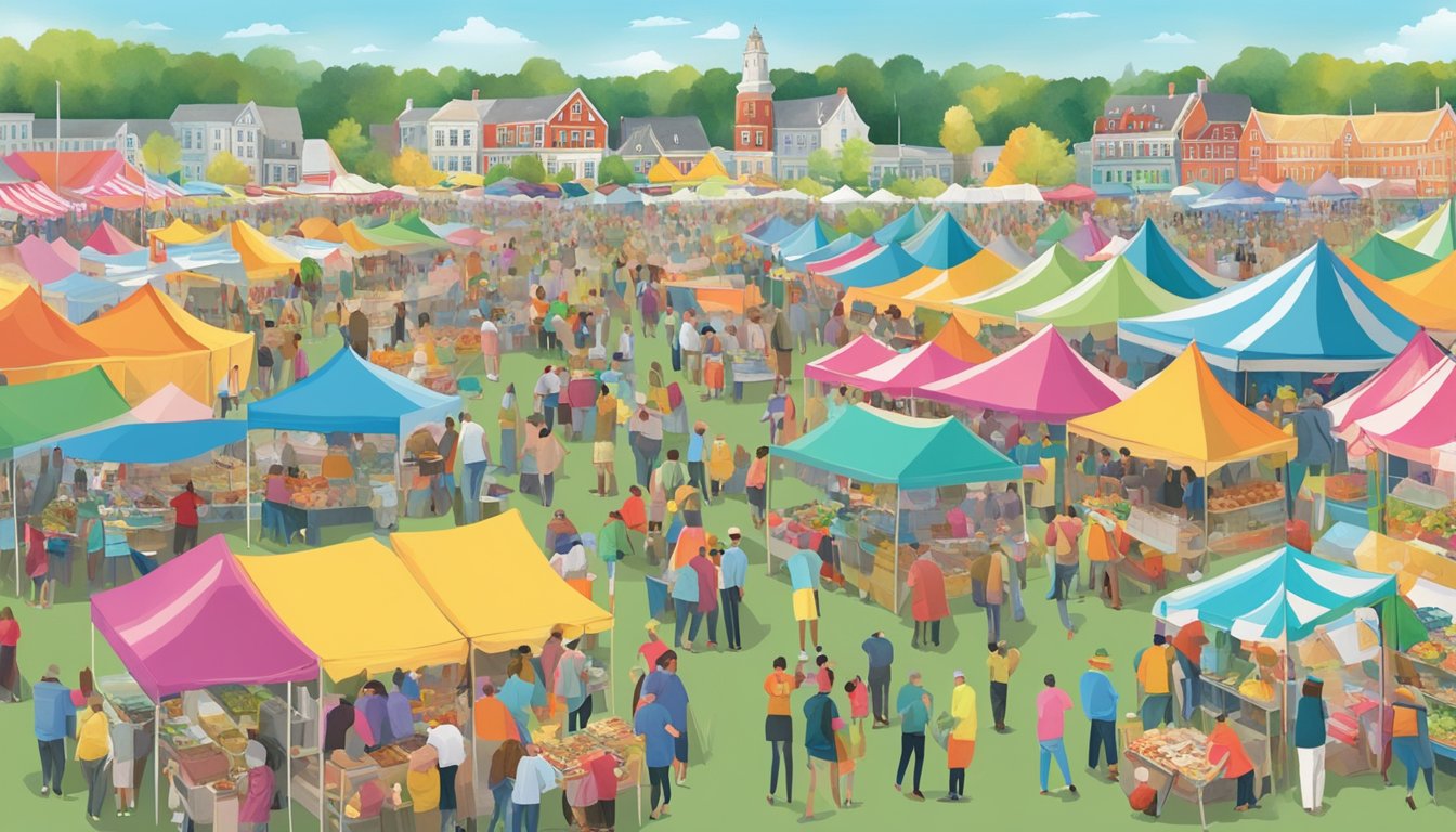 A bustling outdoor food festival in Maine, with rows of colorful tents, food vendors, and crowds of people sampling various dishes