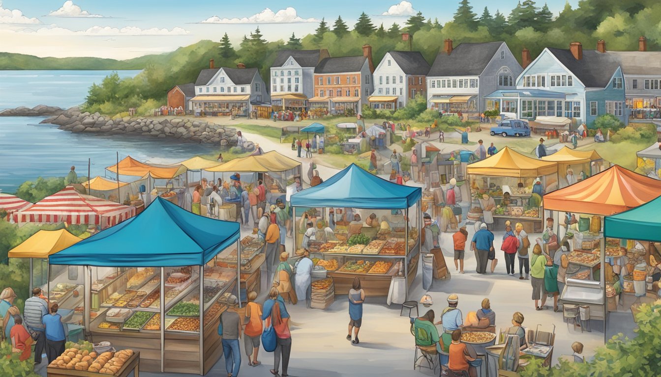 A bustling food festival in Maine, with vendors offering a variety of local culinary delights amidst a backdrop of scenic coastal landscapes