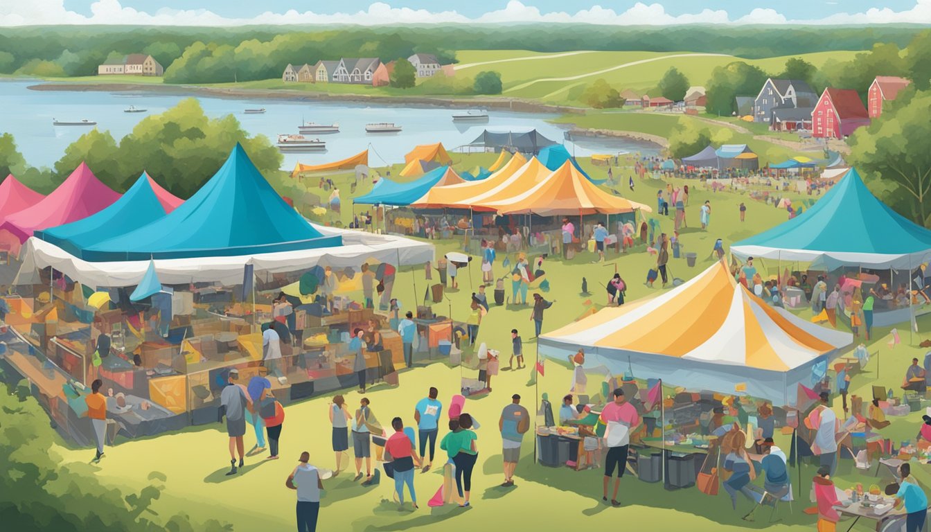 A bustling outdoor festival with colorful tents, people sampling oysters and enjoying live music, surrounded by the picturesque Maryland countryside