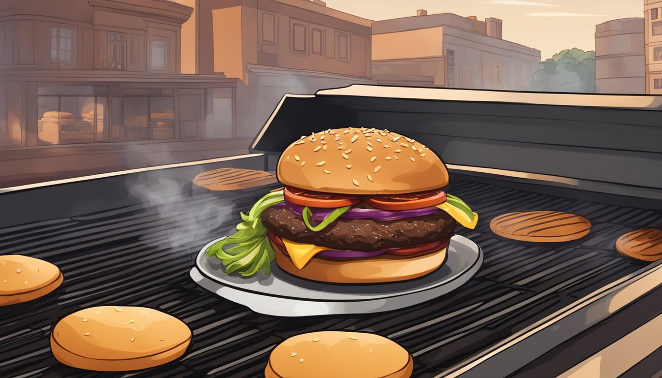 A sizzling burger patty on a grill, surrounded by smoky barbecue sauce, charred onions, and a toasted bun