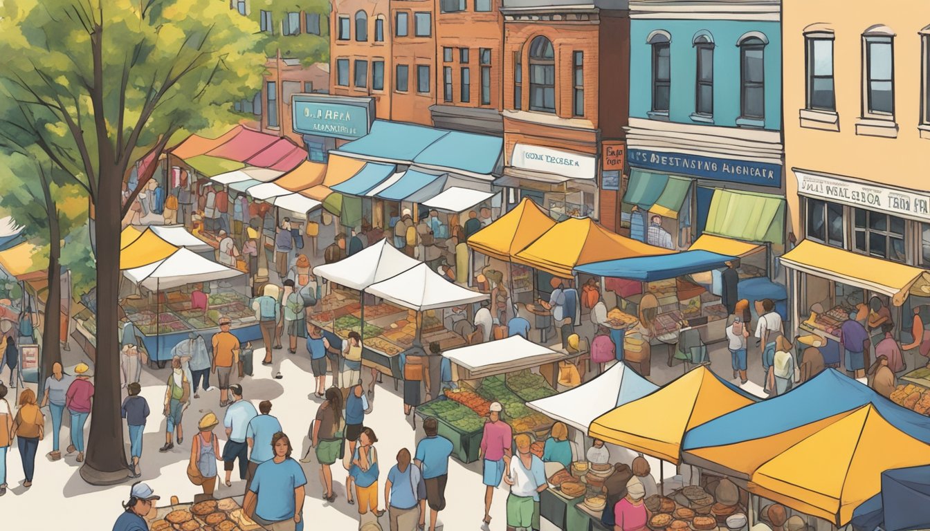 Colorful food stalls line the bustling streets of Ann Arbor Art Fair, offering a variety of delectable dishes and treats. The aroma of sizzling meats and sweet desserts fills the air as visitors explore Michigan's best food festival