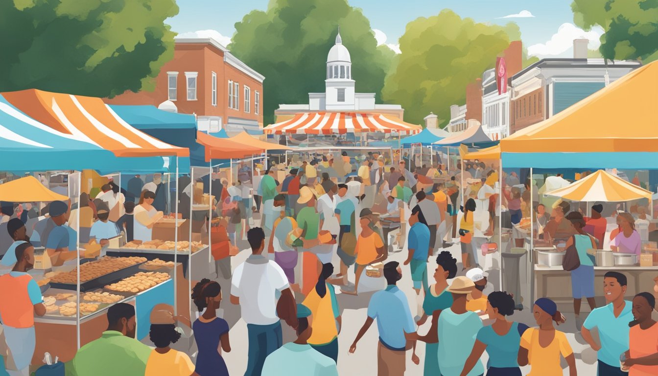 A bustling Maryland food festival with diverse vendors, live music, and crowds enjoying crab cakes, pit beef, and other local delicacies