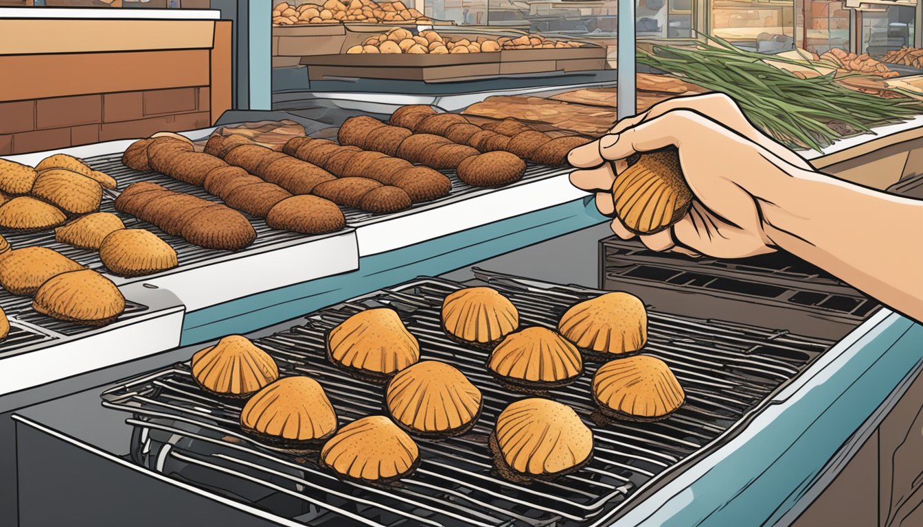 A hand reaching for fresh scallops in a market display, with a grill and Texas BBQ seasonings in the background