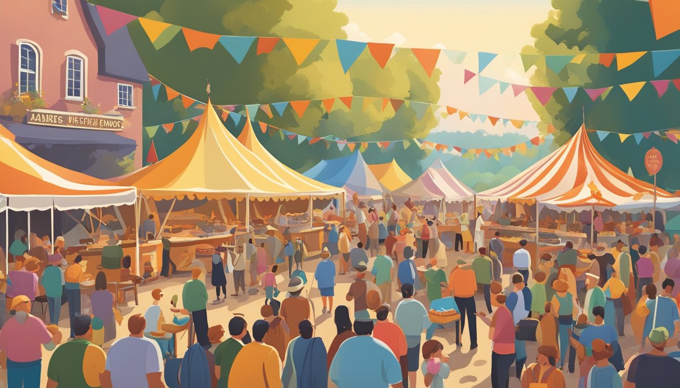 Crowds gather under colorful tents, savoring bratwurst and pretzels. The aroma of sizzling sausages fills the air. Folk music echoes through the lively festival grounds