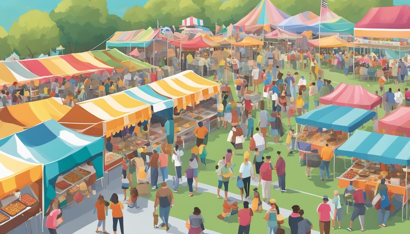 A bustling food festival in Maryland with colorful tents, food vendors, and crowds of people sampling various dishes