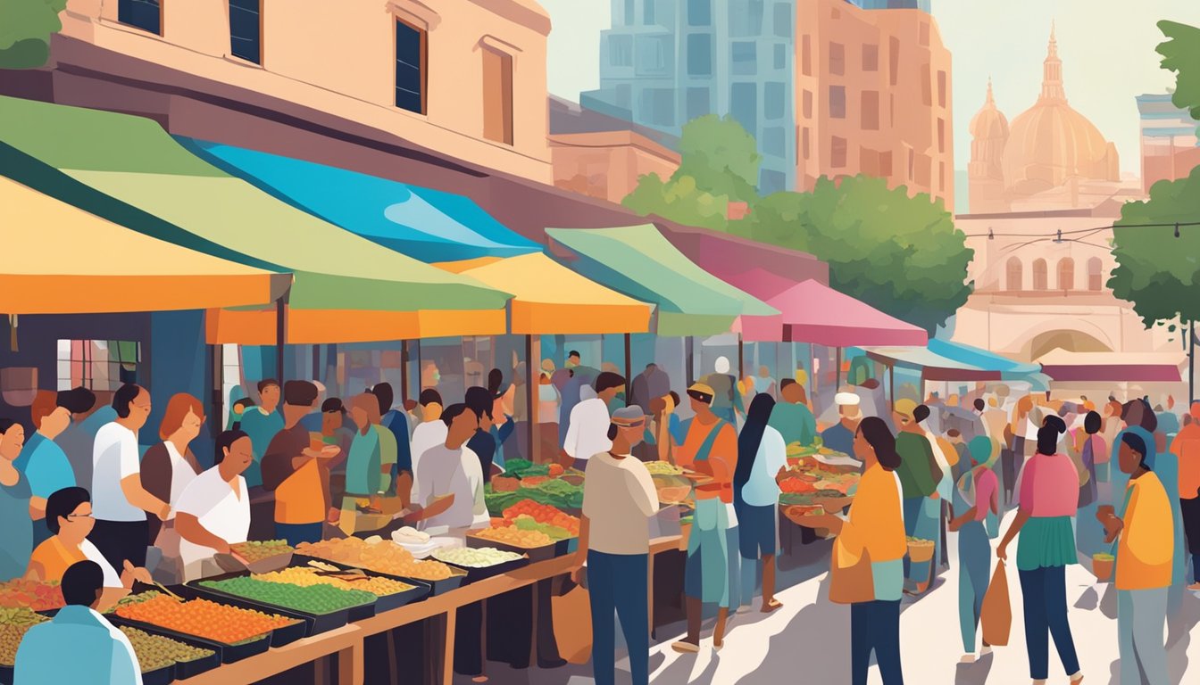 Crowds gather in a bustling outdoor market, sampling a variety of local cuisine. Vendors display colorful, aromatic dishes while live music fills the air