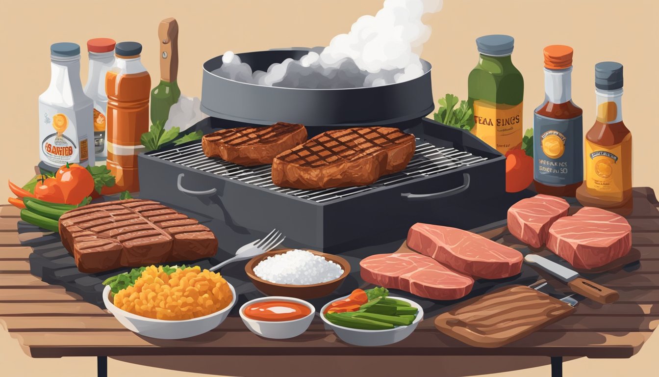 A salt block on a grill with steaks and vegetables cooking, surrounded by Texas BBQ sauces and utensils