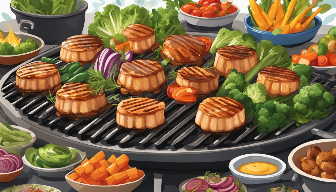 Scallops sizzling on a grill, smoke rising in the air, surrounded by a variety of colorful vegetables and herbs, with a Texas BBQ sauce being drizzled over them