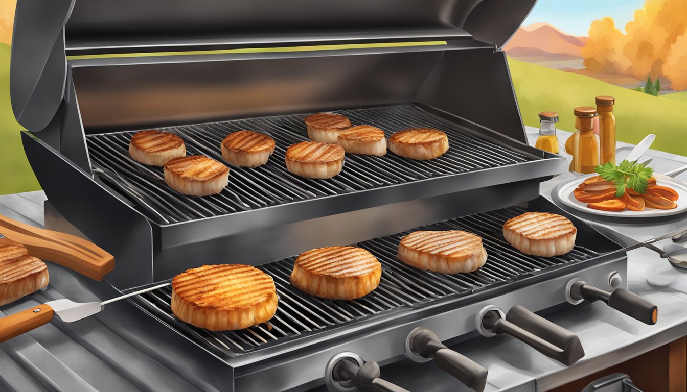 A grill with sizzling scallops, surrounded by clean grilling tools and safety equipment, set against a Texas BBQ backdrop