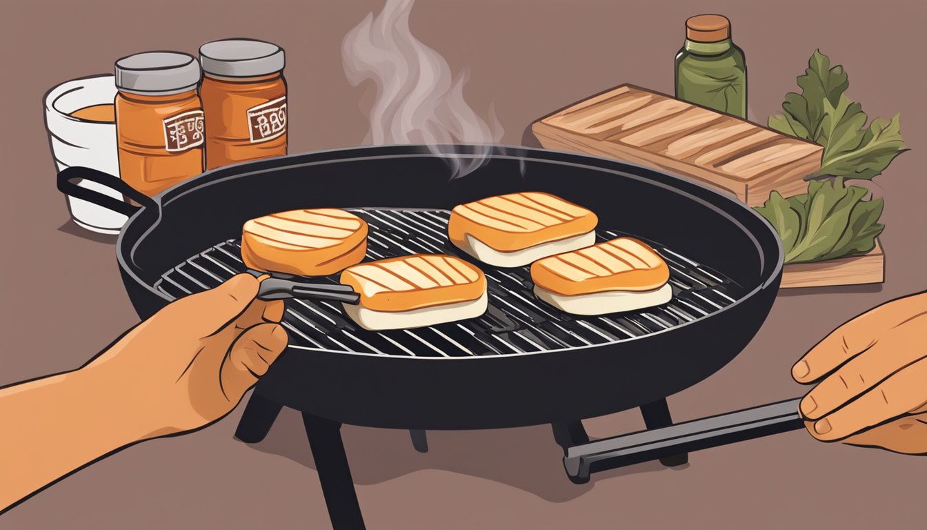 A hand placing halloumi cheese on a sizzling grill over open flames, with a Texas BBQ sauce nearby