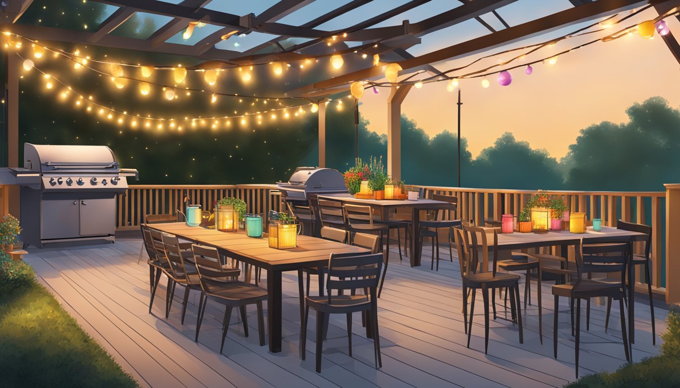 A backyard patio with a large grill surrounded by tables and chairs, adorned with colorful string lights and vibrant Texas-themed decor