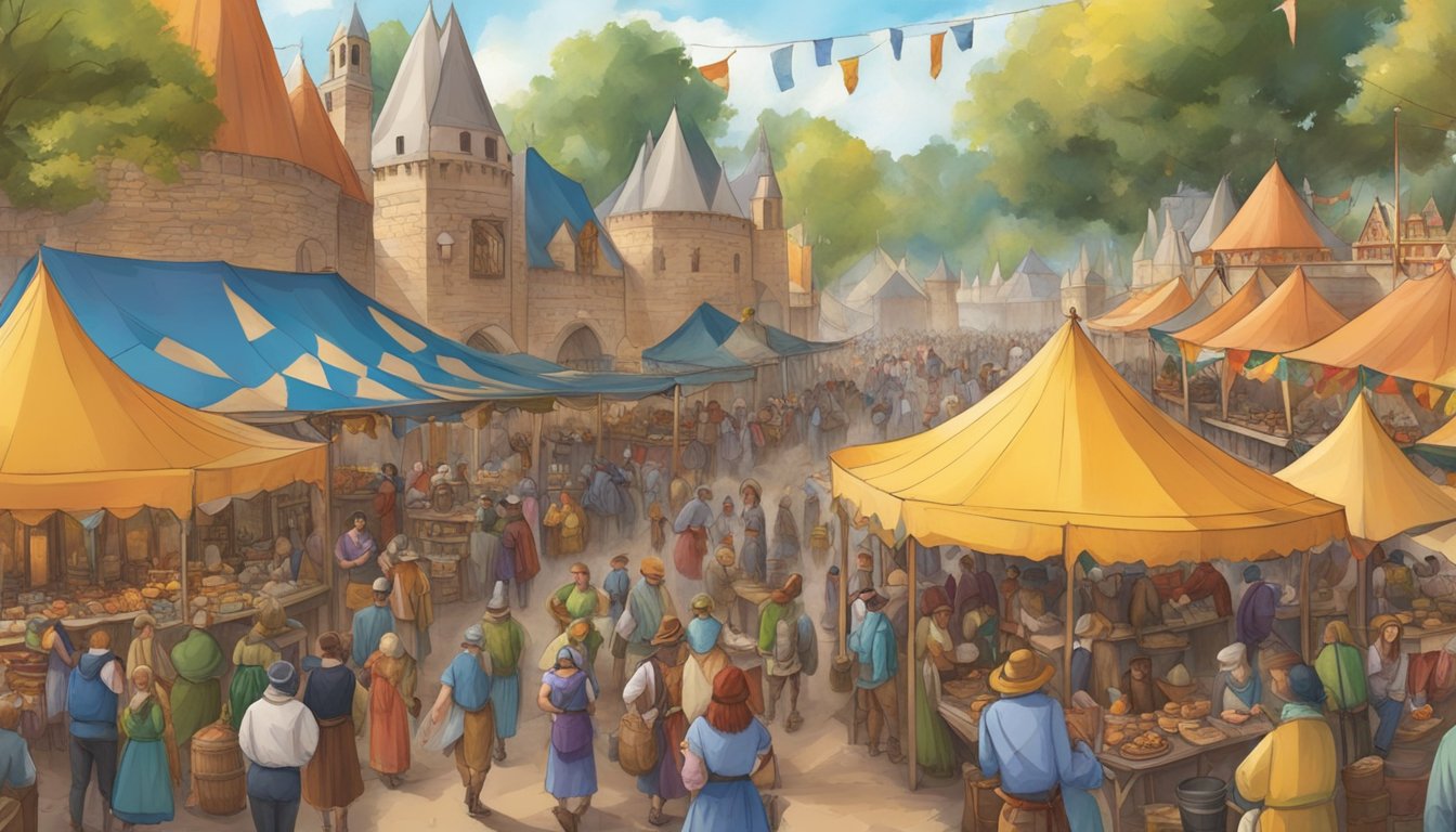 A bustling Renaissance Festival with colorful food stalls and lively crowds enjoying the best food festivals in Minnesota