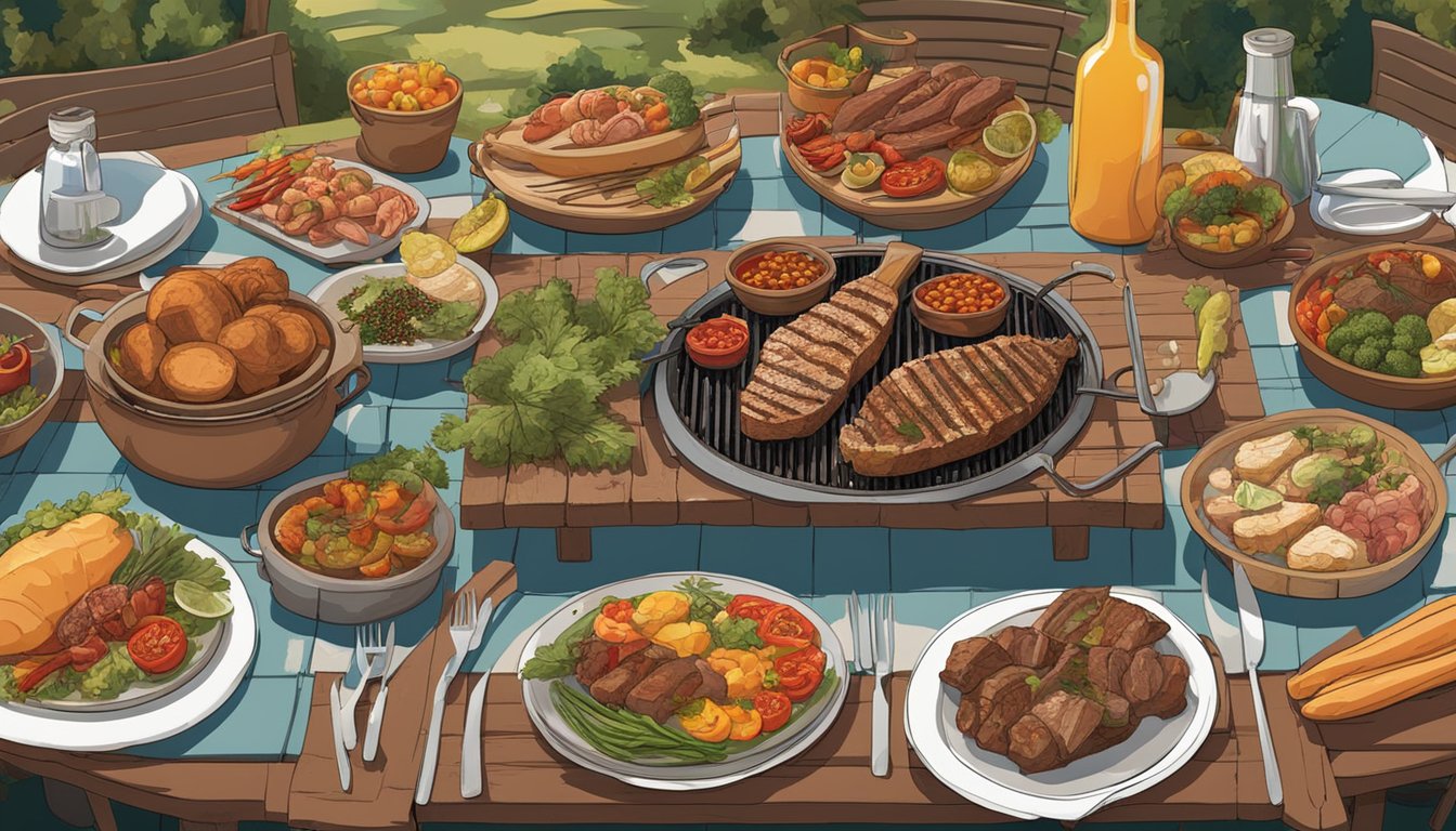 A rustic outdoor setting with a large grill surrounded by various meats, vegetables, and spices. Tables adorned with colorful tablecloths and an array of tapas dishes