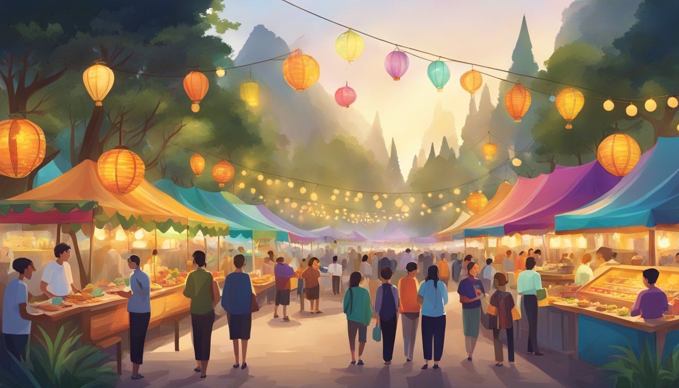 Colorful food stalls line the forest path, emitting mouth-watering aromas. Festival-goers gather to sample a variety of cuisines under the twinkling lights