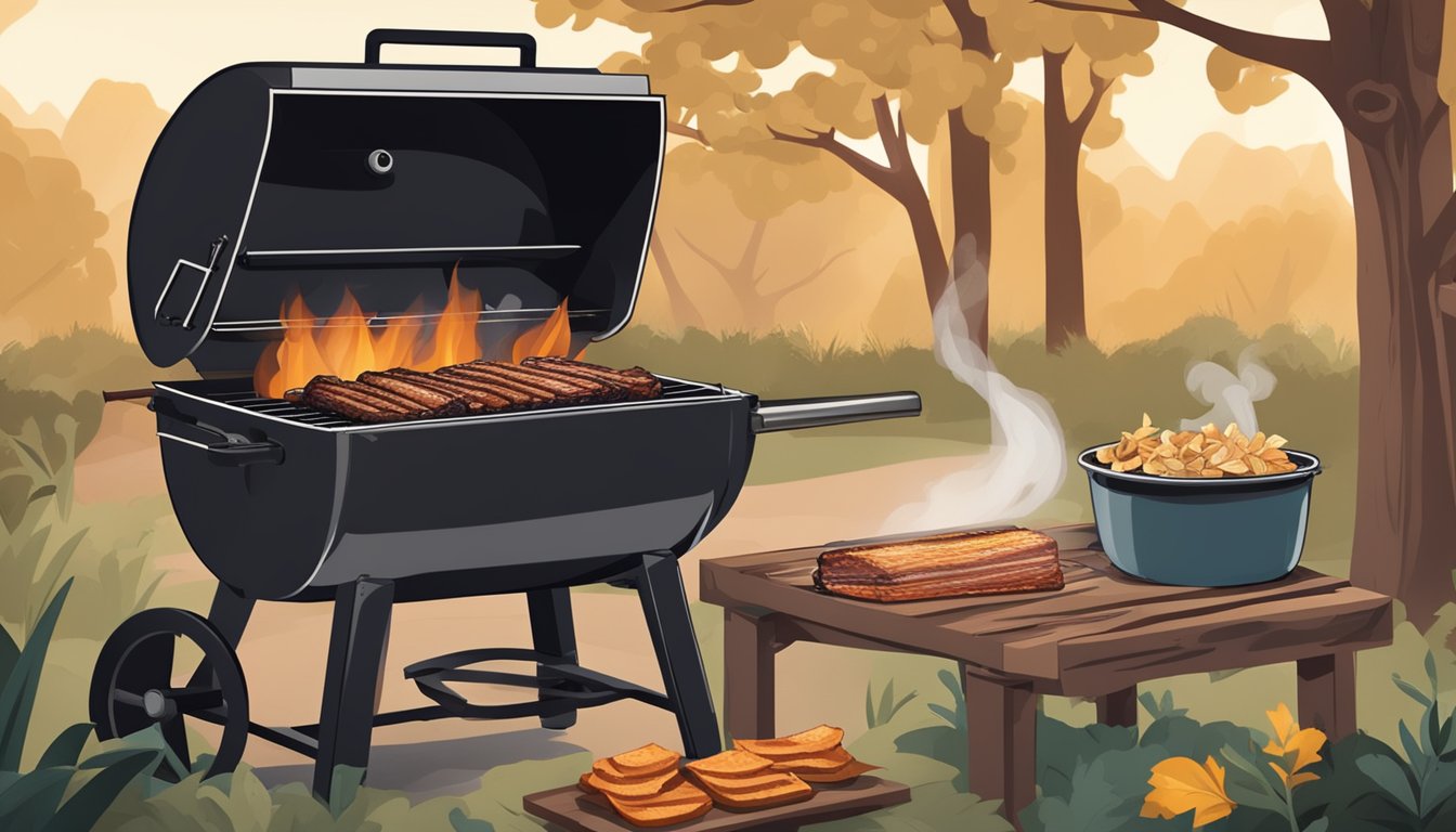 A backyard smoker with a sizzling Texas-style smoked pork belly on the grill, surrounded by wood chips and a rustic outdoor setting