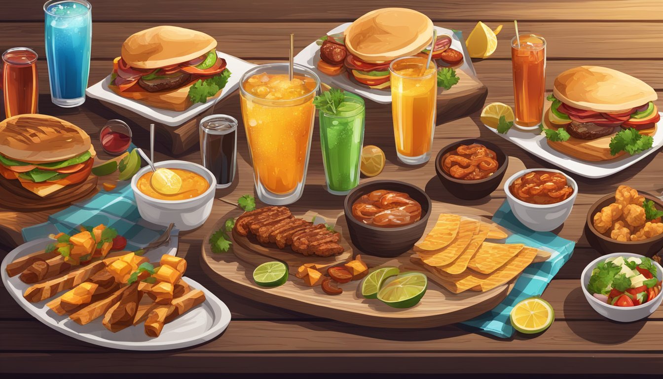 A rustic wooden table adorned with an assortment of colorful beverages, surrounded by sizzling grilled tapas and Texas BBQ delights