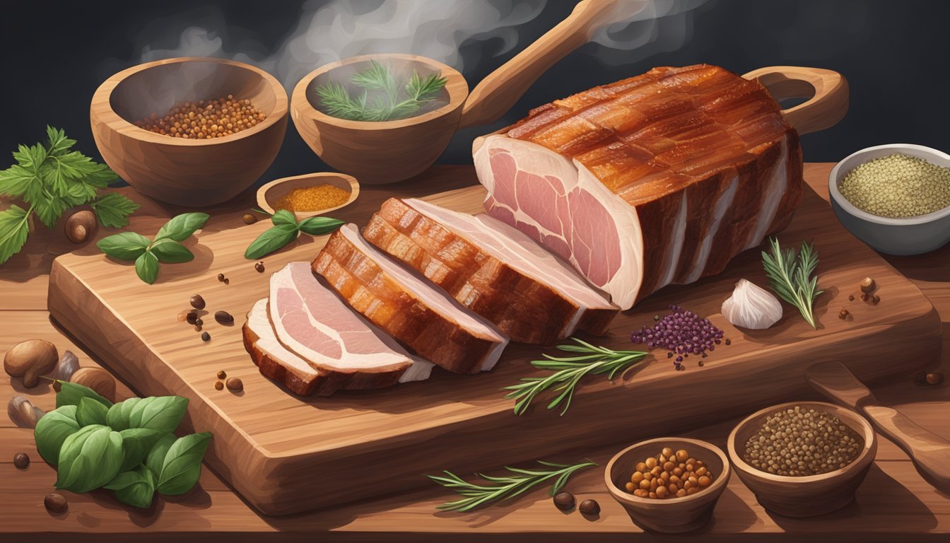 A rustic wooden cutting board with a smoked pork belly resting on it, surrounded by various spices and herbs, with a hint of smoke in the air