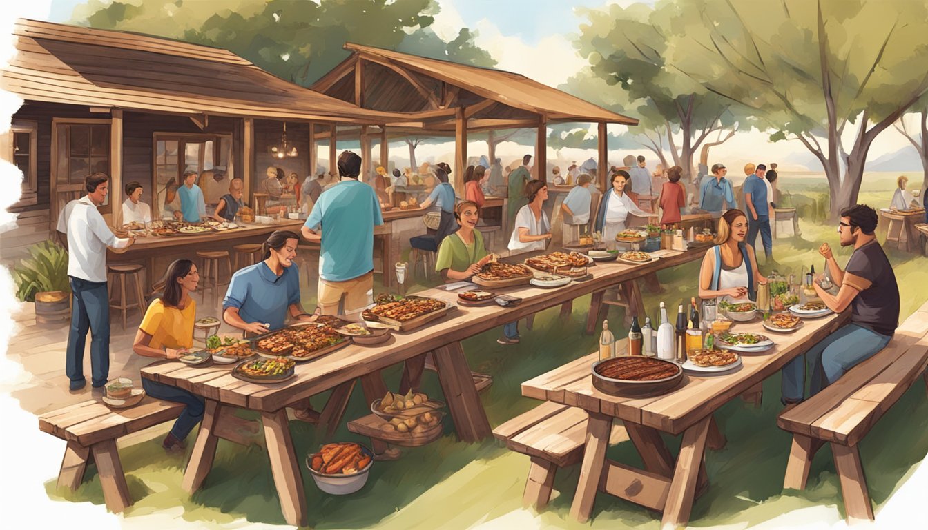 A rustic outdoor setting with a long wooden table filled with an assortment of grilled tapas and BBQ dishes. Guests mingle and enjoy the Texas-style feast