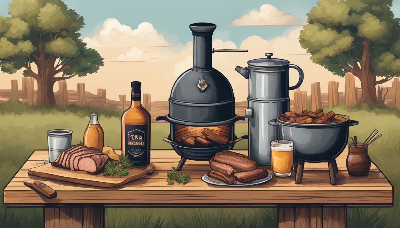 A rustic outdoor setting with a smoker billowing fragrant smoke, surrounded by various beverages and a slab of Texas-style smoked pork belly on a wooden cutting board