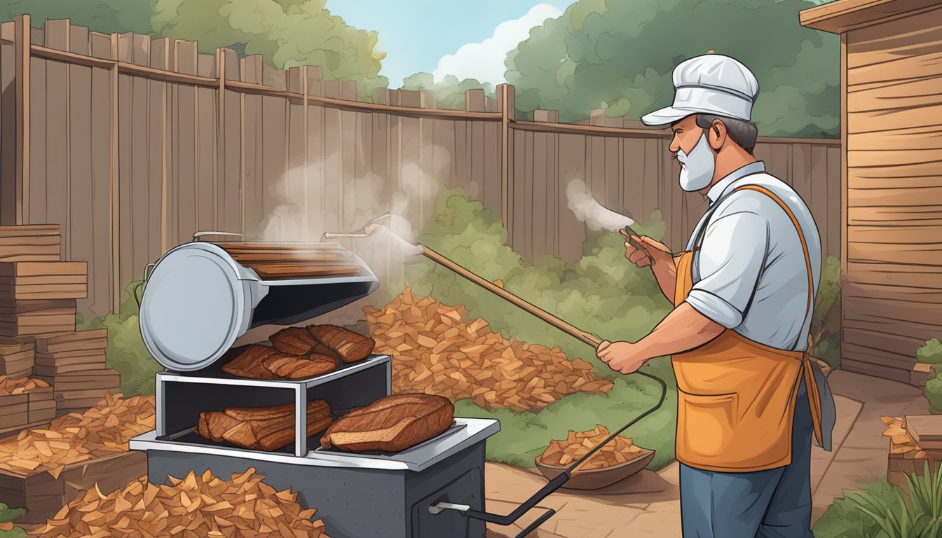 A backyard smoker with a sizzling pork belly, surrounded by wood chips and a cleaning brush