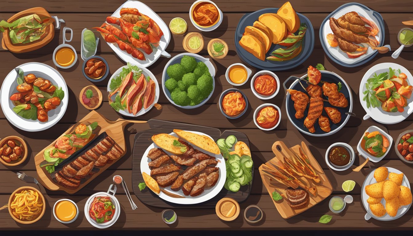 A colorful array of grilled tapas spread out on a rustic wooden table, surrounded by lively entertainment and a Texas BBQ grill