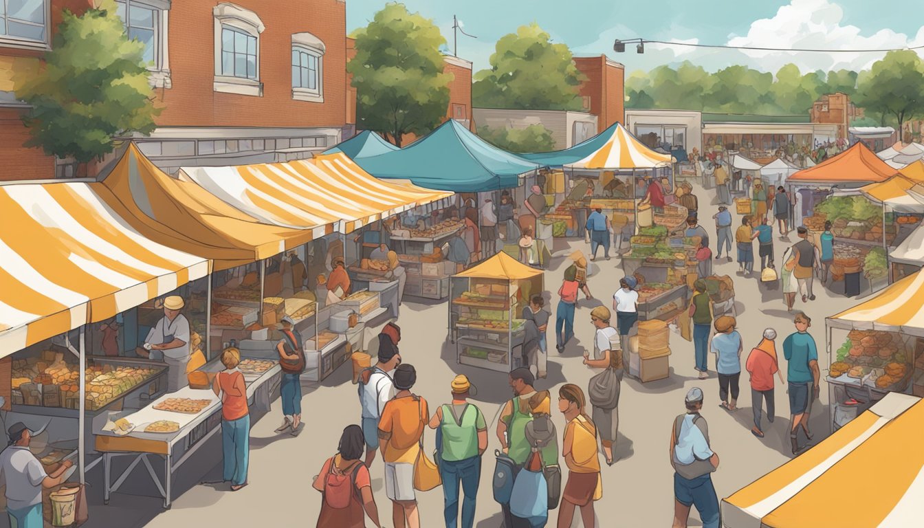 A bustling food festival in Nebraska, with vendors selling local delicacies and people enjoying live music and cultural performances