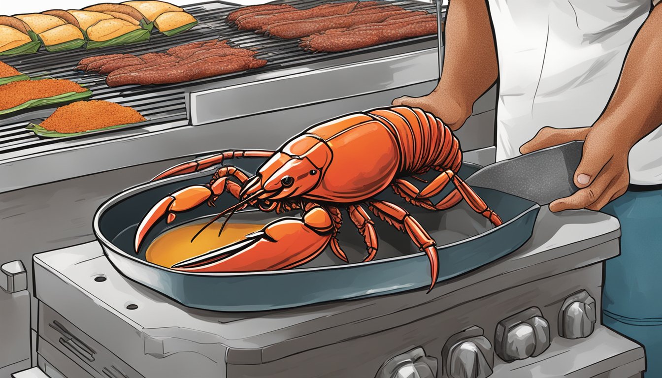 A lobster being selected from a tank, then placed on a grill with Texas BBQ seasoning