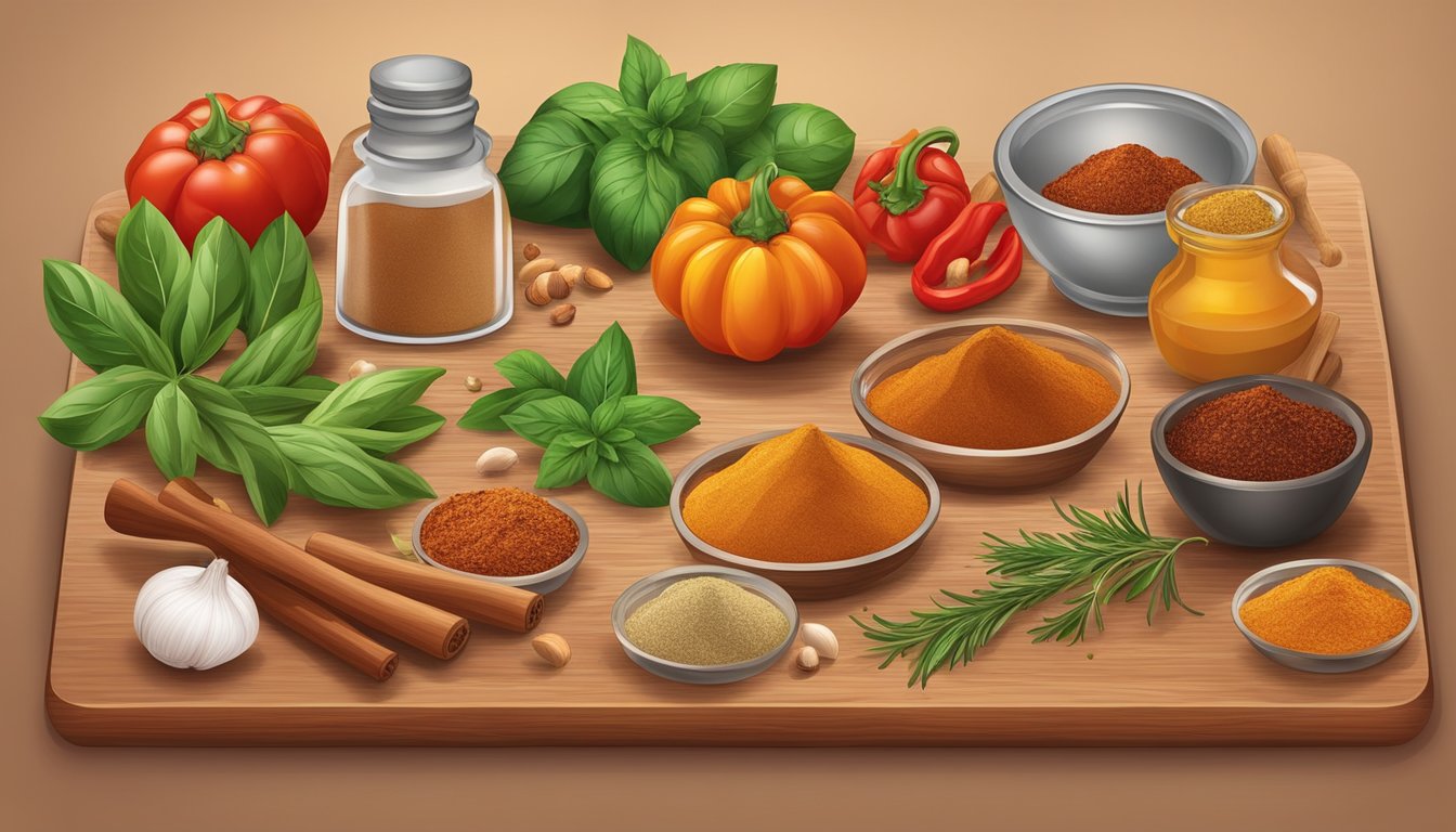 A wooden cutting board with a variety of spices and herbs scattered around, including paprika, garlic powder, onion powder, and cayenne pepper