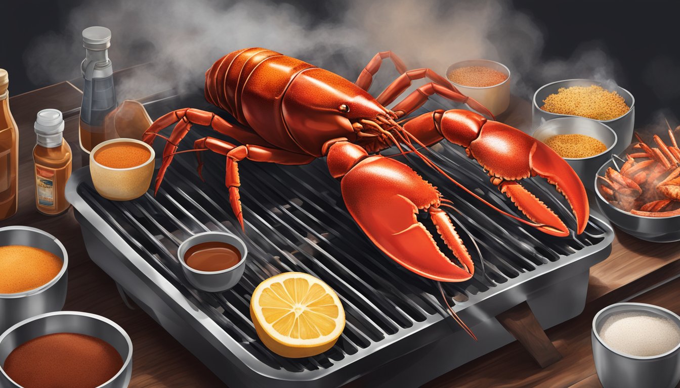 A whole lobster on a grill, surrounded by Texas BBQ sauce and seasonings, with smoke rising from the grill