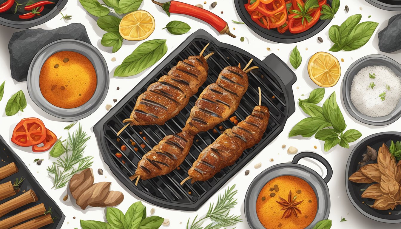 A sizzling grill with various spices and herbs scattered around, emitting a tantalizing aroma